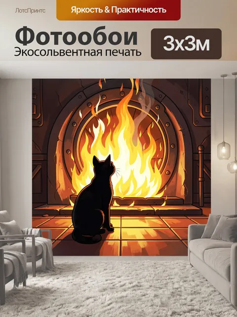 Фотообои Кот у пылающего камина
