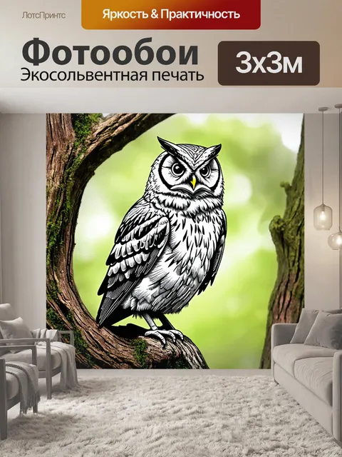 Фотообои животные в стиле однострочный рисунок, мудрая сова, сидящая на старом дереве