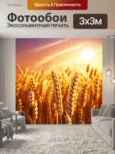 Фотообои золотистые поля пшеницы на закате, отражающие солнечные лучи, создают атмосферу спокойствия