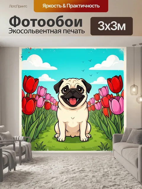Фотообои Мопс среди тюльпанов