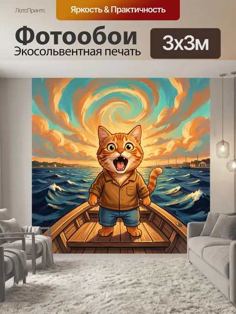 Фотообои Удивленный кот на лодке