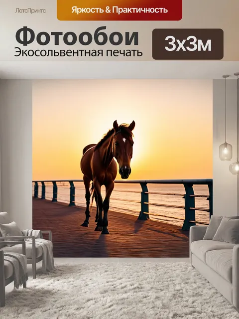 Фотообои лошадь, стоящая на набережной, с красивым закатом на горизонте