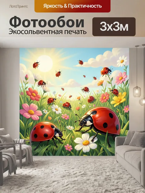 Фотообои Божьи коровки на цветущем лугу