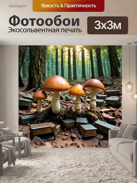 Фотообои в глубине леса, между корнями древних деревьев, семейство братьев-грибов танцует на фоне брошенных оловянных…