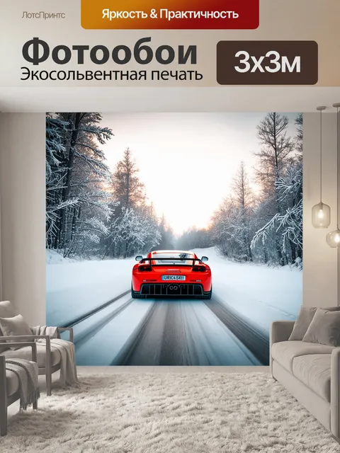 Фотообои спортивный автомобиль, мчащийся по снежной трассе с оледенелыми деревьями по бокам