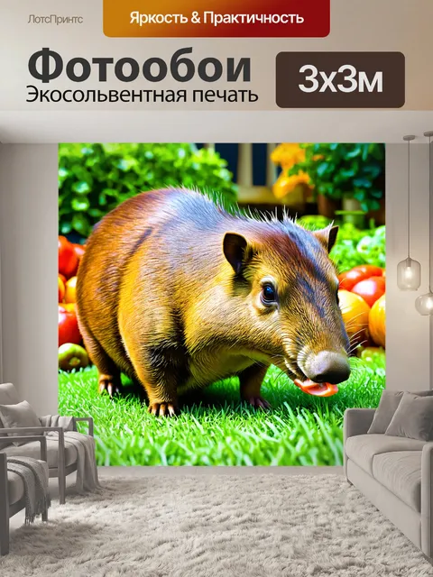 Фотообои капибара, занятая поеданием травы, с детализированным изображением её текстуры и цвета меха, выполненная в…