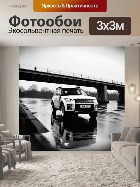 Фотообои внедорожник, мчащийся по мосту в дождь, выполненное в стиле черно-белой графики с акцентом на блики воды