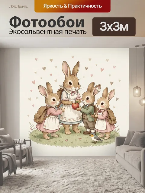 Фотообои Зайчата с яблоком и рюкзаками