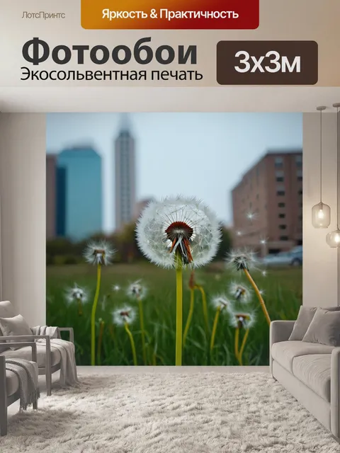 Фотообои одуванчики на фоне городского пейзажа, их хрупкая красота kontrastiruet с жесткой реальностью