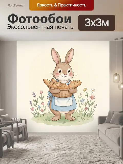 Фотообои Зайчик с корзиной хлеба в саду