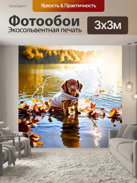 Фотообои на берегу озера, в утреннем тумане, щенок кокер-спаниель, укутанный в легкое покрывало из цветных листьев…