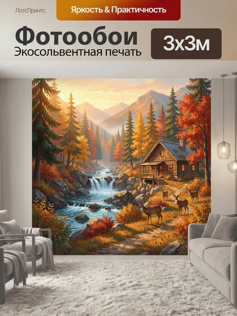 Фотообои Осенний лес с домиком у реки