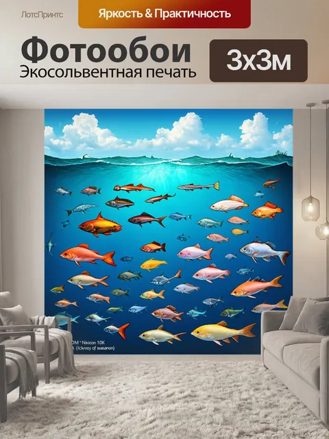 Фотообои море в стиле аналитический рисунок, с визуализацией миграции морских видов в зависимости от времени года