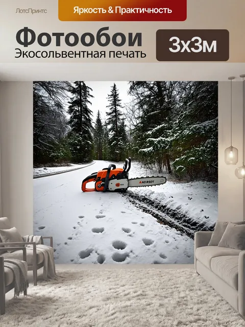 Фотообои бензопила, стоящая на обочине дороги, покрытая снегом в зимнем лесу, с едва видимыми следами животных