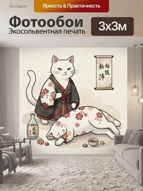 Фотообои Коты в кимоно с сакэ