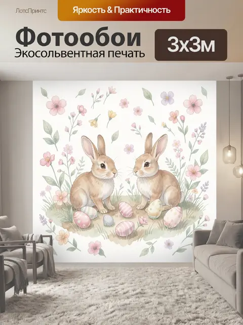 Фотообои Два зайчика среди пасхальных цветов
