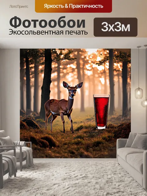 Фотообои косуля на утреннем рассвете, медленно перемещающаяся сквозь туман, окутывающий окружающие деревья