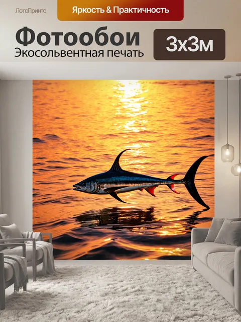 Фотообои плавающие меч-рыбы на закате, где солнечные лучи проникают через спокойную воду