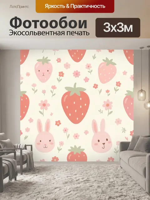 Фотообои Клубника, зайчики и цветы