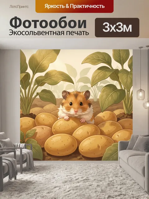 Фотообои Хомяк среди картофеля и листьев