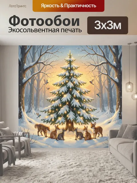 Фотообои Заснеженная ель среди лесных зверей