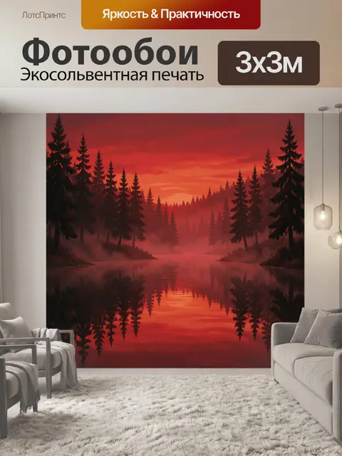 Фотообои Сосновый лес и красное озеро