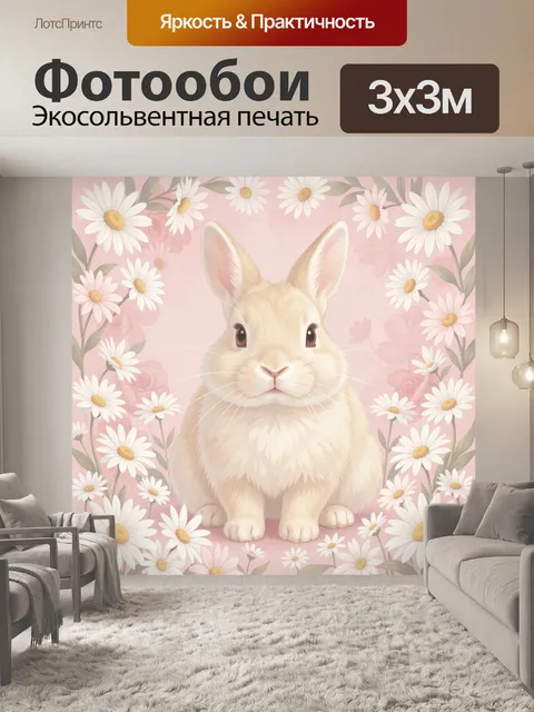 Фотообои Кролик среди ромашек и листвы