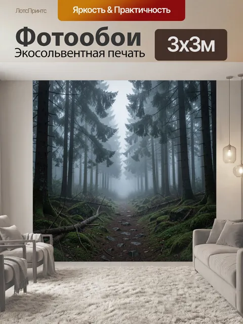 Фотообои Туманный лес с хвойной тропой