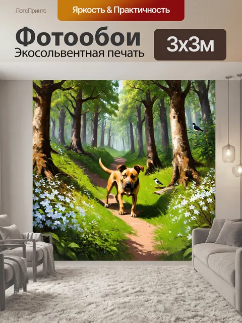 Фотообои дворняга, исследующая лесную тропу, окруженную высокими деревьями и дикой природой