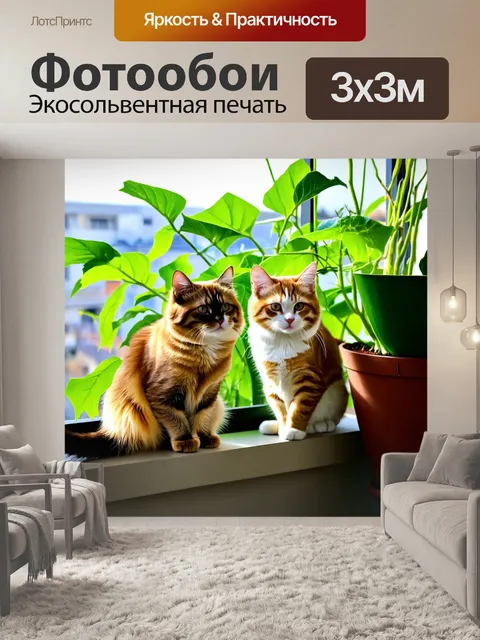 Фотообои коты на балконе с зелеными растениями