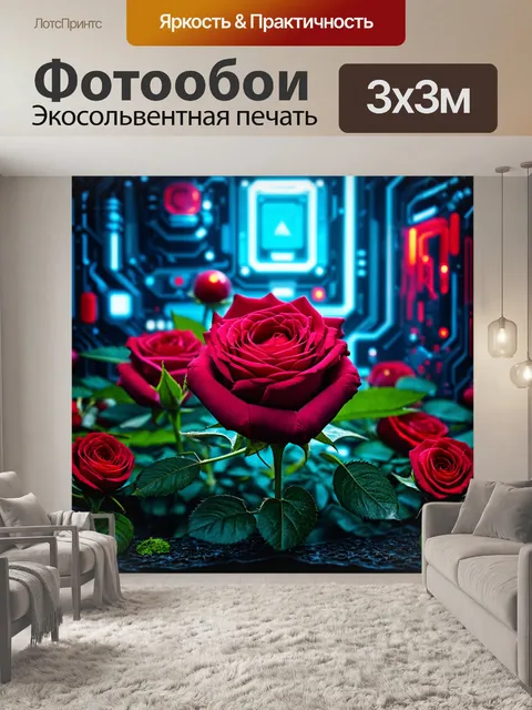 Фотообои розы в стиле киберпанк, с окружающими элементами природы и технологическими деталями