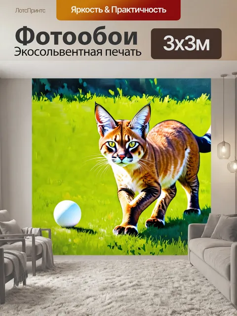 Фотообои каракал, играющий с ярким шариком на зеленом травяном поле
