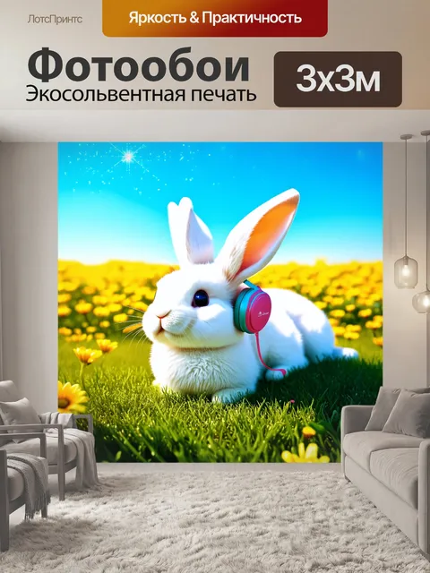 Фотообои мягкий пушистый кролик, лежащий на мягкой траве, слушает музыку в уютных наушниках