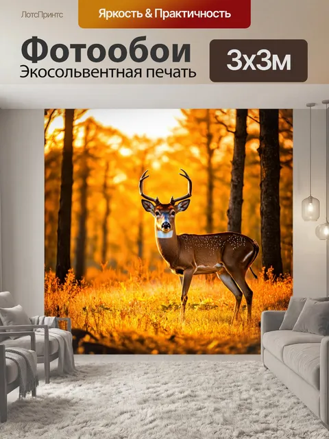 Фотообои охота на оленей на августовском закате, теплые тона и спокойные лесные пейзажи