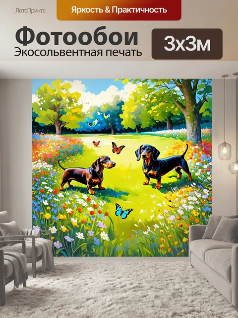 Фотообои создайте пасторальный пейзаж с таксами, исследующими цветущий сад с бабочками и птичками