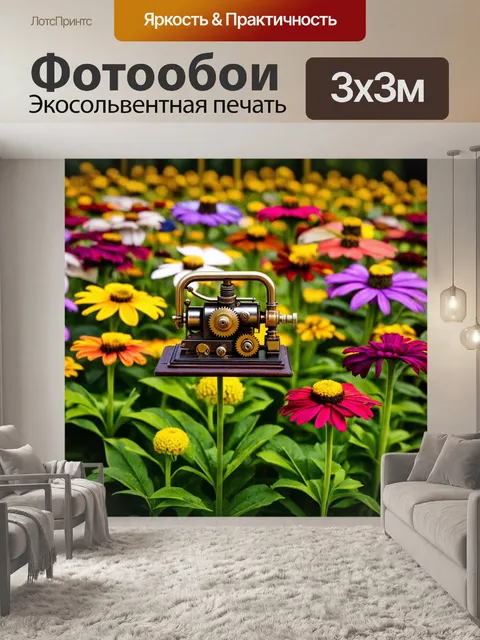 Фотообои цветы в стиле стимпанк, изображение цветущего сада, где цветы выглядят как миниатюрные машины