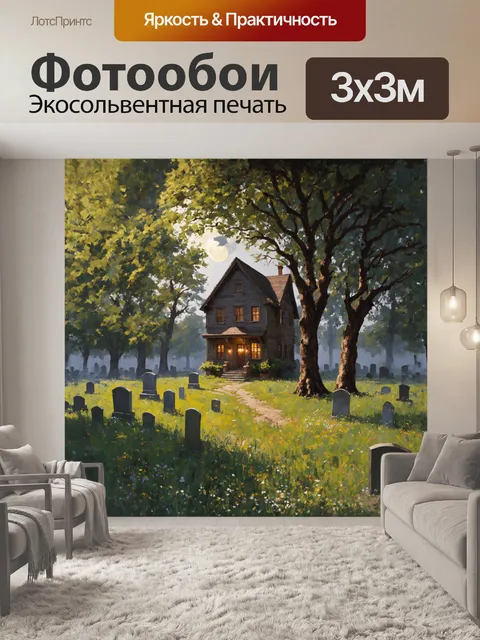Фотообои потемневший дом ведьмы, расположенный в тени огромных дубов, вызывает чувство тревоги