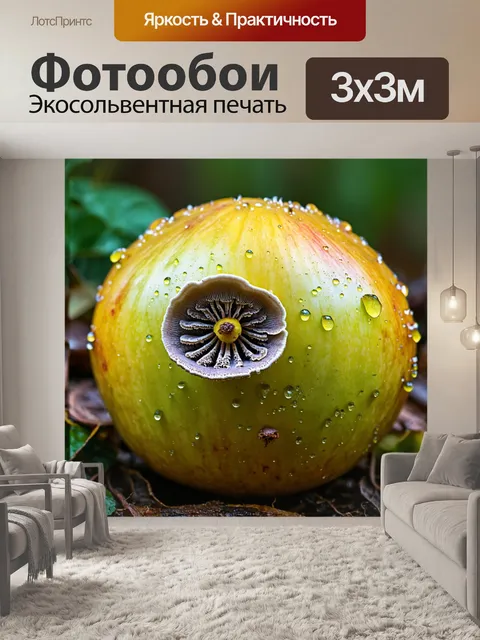 Фотообои грибы плесневые, разрастающиеся на поверхности испорченного фрукта, с каплями воды на поверхности