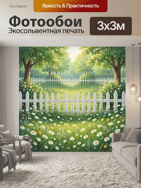 Фотообои Цветущий луг у белого забора