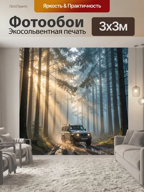 Фотообои Внедорожник в туманном лесу