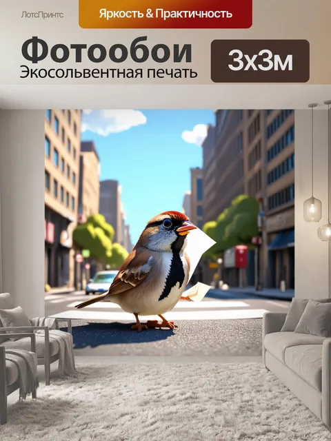 Фотообои дружелюбный воробей, работающий почтальоном, раздающим письма на улицах города