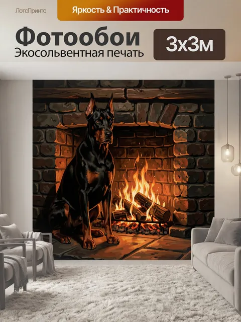 Фотообои Доберман у камина с огнём