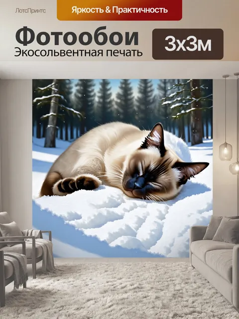 Фотообои сиамский кот, мирно спящий на свежевыпавшем снегу, его шерсть контрастирует с белизной окружающей среды
