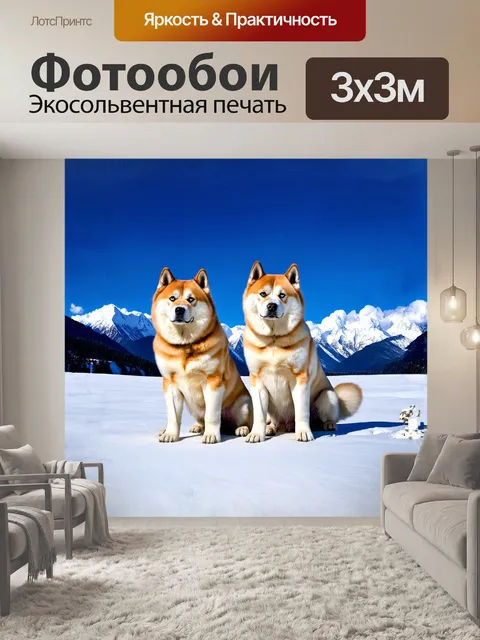 Фотообои собаки акита-ину, величественно сидящие на фоне заснеженных гор, в ярком солнечном свете, их шерсть сверкает…