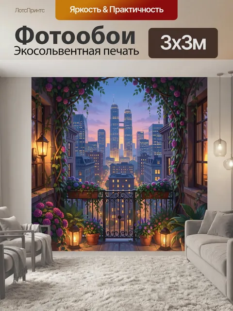 Фотообои Цветущий балкон с видом на мегаполис