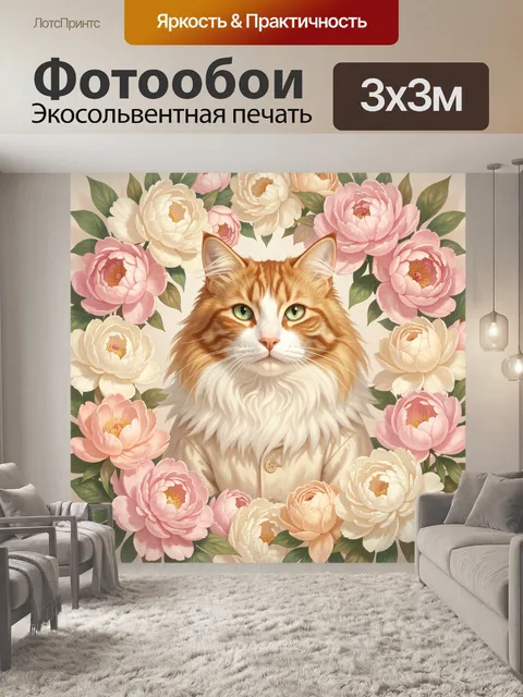 Фотообои Рыжий кот среди пионов