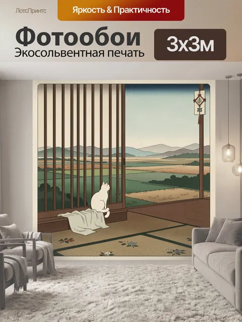 Фотообои Кот у окна с видом на поля