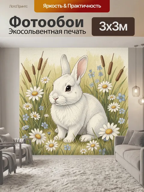 Фотообои Белый кролик среди луговых цветов