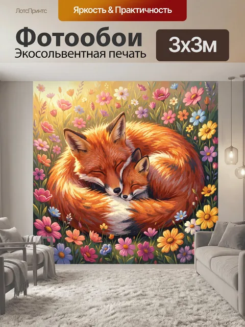 Фотообои Лисица с лисенком в цветах