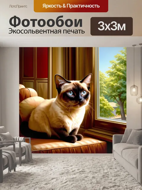 Фотообои изображение сиамской кошки, глядящей в окно с выражением любопытства на лице